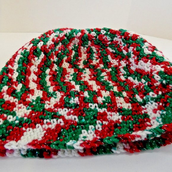 Red Green Baggy Beanie OS Slouch Cap Hat Handmade Crochet Hand Knit Sparkly NWT - Picture 7 of 8